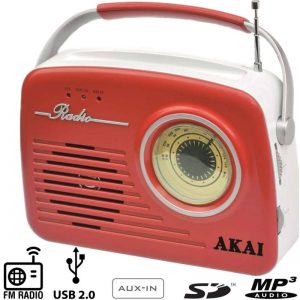 AKAI APR-11R Φορητό ραδιόφωνο με USB, κάρτα SD, AUX-In και ρετρό σχεδιασμό σε κόκκινο χρώμα με USB, SD και είσοδο AUX.